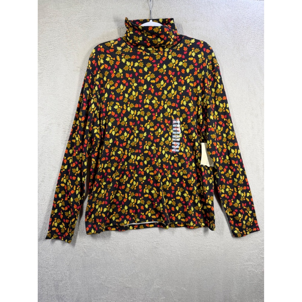 Studio Works Turtleneck Top Womens XL Fall Leaf Acorn Harvest Print Cotton